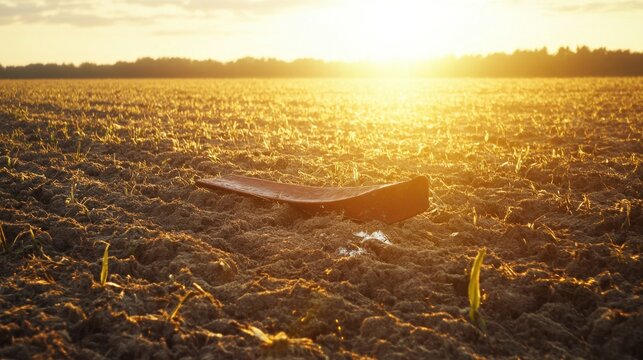 A rusted broken plowshare rests in a sunlit field at sunset