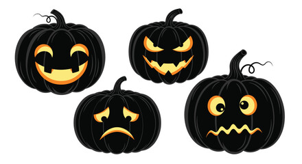 Quartet of black halloween pumpkins with bright yellow interior glows showing happy, scary, sad, and confused facial expressions.