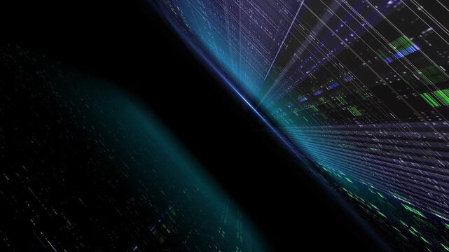 A futuristic digital background featuring flowing neon grid lines and glowing data particles. Perfect for sci-fi projects, tech presentations, or high-tech motion design, etc. Video in loop.