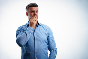 Disgusted man showing strong emotion isolated on white background