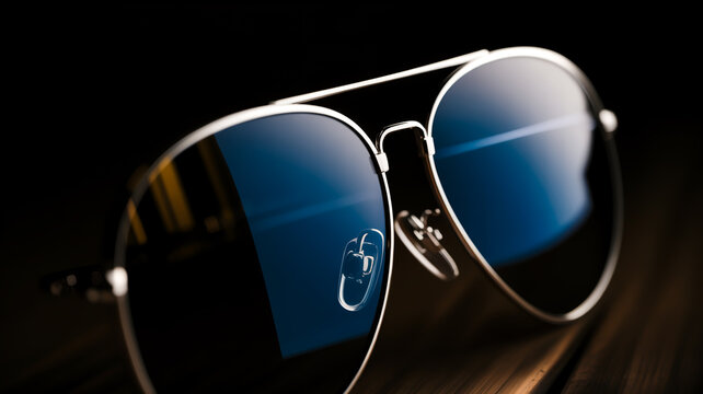 A close-up macro photograph of a metal-framed aviator-style sunglasses against a dark blue background.