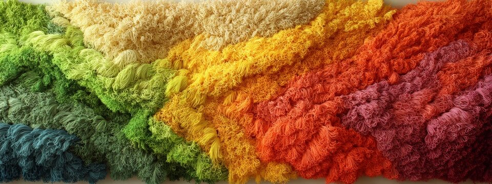 Vibrant Texture Cascade in Rainbow Gradient with Sensory Fiber Elements Displaying Natural Colors and Playful Patterns
