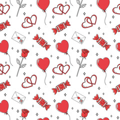 Seamless pattern with red hearts, roses, candies, envelopes, diamonds on white background