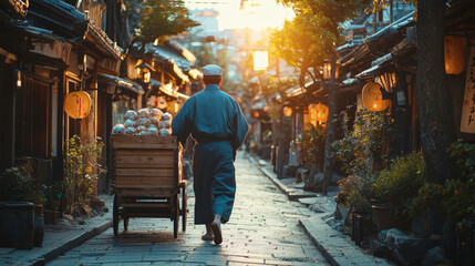 Fototapeta premium Traditional Japanese Street Scene at Dusk with Historic Architecture