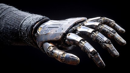 Close-up of a detailed robotic hand with metallic fingers against a black background