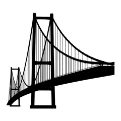 Obraz premium Suspension bridge silhouette showing architectural engineering structure with cables and towers for urban transportation infrastructure travel concept isolated over white background