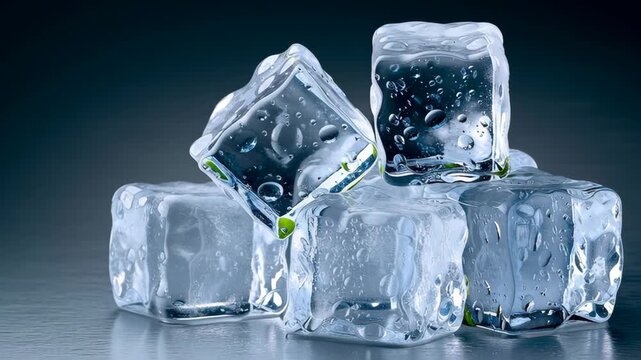 Ice cubes stacked on a reflective surface with droplets of water, showcasing their clarity and texture in a close-up shot, highlighting the intricate details of each cube