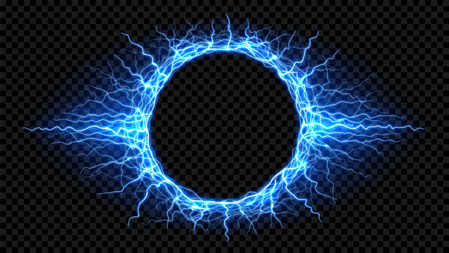 Bright electrical round discharge. Vector realistic circular lightning isolated on dark checkered background. Light-blue bright thunderstorm   forms energy electrical portal.