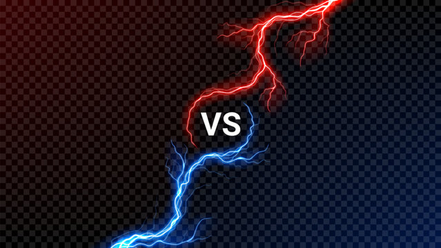 Versus banner with thunderstorm effect. VS screen with powerful lightning colored blue and red. Bolt energy collision isolated on dark checkered background. Lightning shock versus concept.