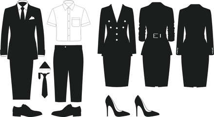 Business clothing silhouettes illustration set, men and women office wear outfits, formal shirts suits dresses shoes, professional fashion isolated on white background