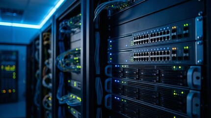 Data center server racks with illuminated network switches and cables