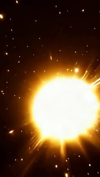 Vertical video: Forming central core, particle burst radiating on pitch-dark backdrop, fading