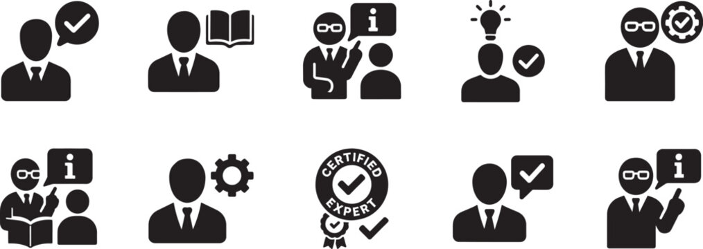   Expert flat icon set with advice, expertise, knowledge, skill, specialist and experience symbols.