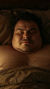 Vertical video: Breathing shirtless man sleeping with chest rising, eyelid twitching in bed, duvet