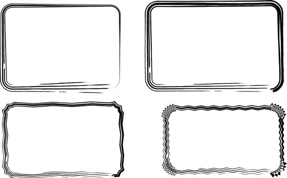 Set of four hand-drawn sketchy rectangular frames with brush stroke borders for creative design and doodle elements