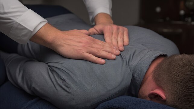 Medium shot of a therapist performing manual spinal decompression therapy on a patient to alleviate chronic back pain naturally