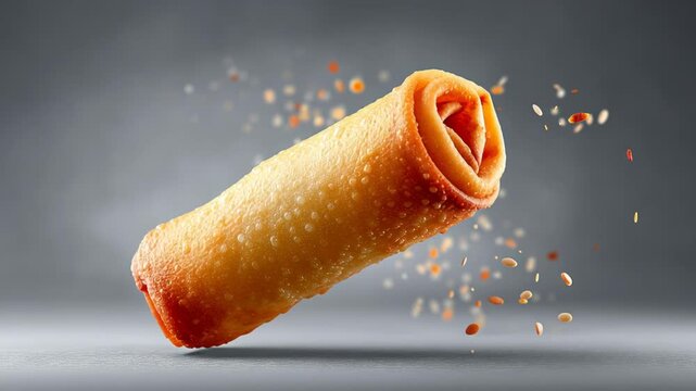 Golden crispy spring roll floating in mid-air, surrounded by scattered spices and a blurred gray background, showcasing its texture and vibrant color in a dynamic presentation