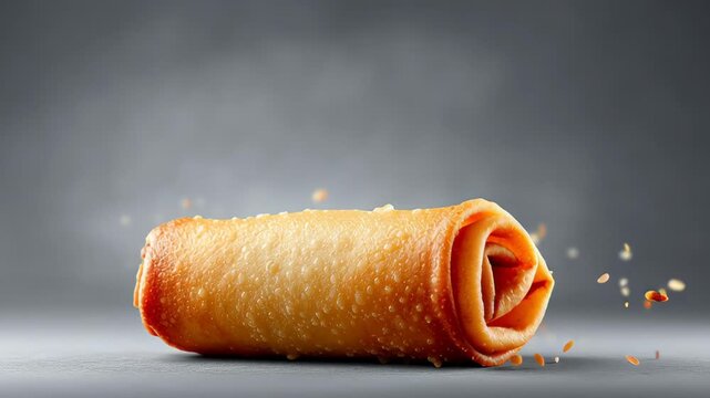 Golden crispy spring roll floating mid-air with scattered sesame seeds and a blurred gray background, showcasing its texture and appetizing appearance in a dynamic composition