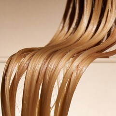 Hyper-realistic studio photography of hair textures, a lock of wet blond hair against light beige gradient background
