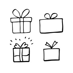 Simple hand-drawn gift boxes with ribbons for various occasions