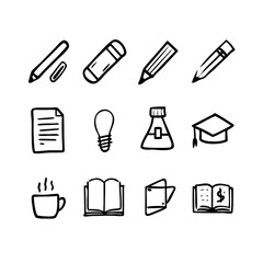 Hand-drawn icons representing school and study elements