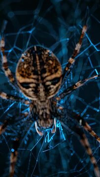 Vertical video: Reacting to blue light brightening, orbweaver spider shifting legs at silk web hub