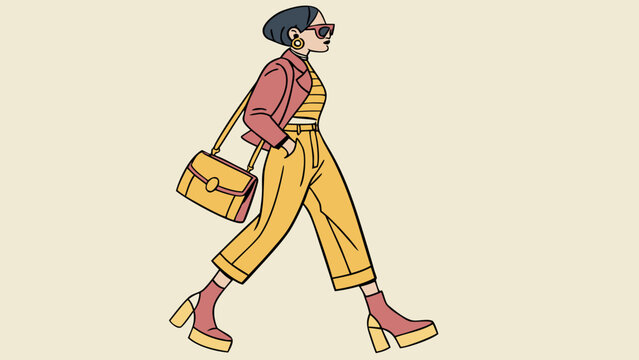 Female cartoon model with an urban chic look, block heels, structured bag, rectangular sunglasses, short pixie haircut.