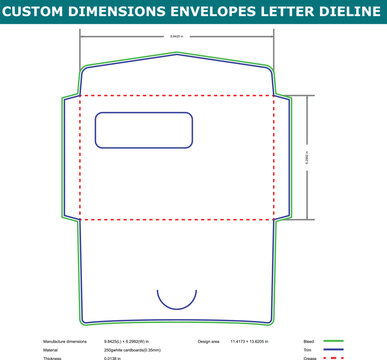 A technical diagram of custom dimensions envelopes with a letter die line template