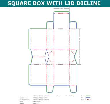 A technical diagram of a square box with lid die line on a white background