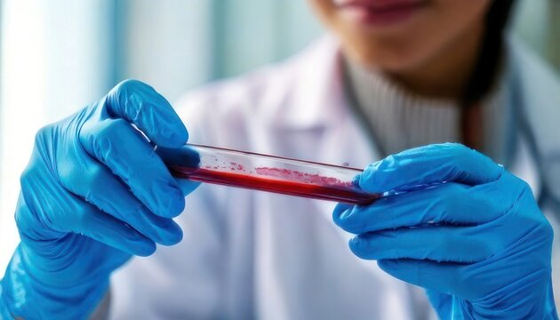 Scientist in lab coat holding test tube with blood sample.