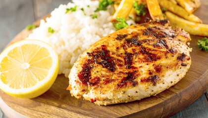 Grilled chicken breast served with lemon and fries, macro shot. AI