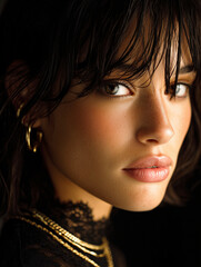 Cinematic close-up portrait of elegant brunette woman with freckles and glossy nude lips, gold jewelry and dark fashion styling, beauty editorial look for skincare, makeup, luxury branding