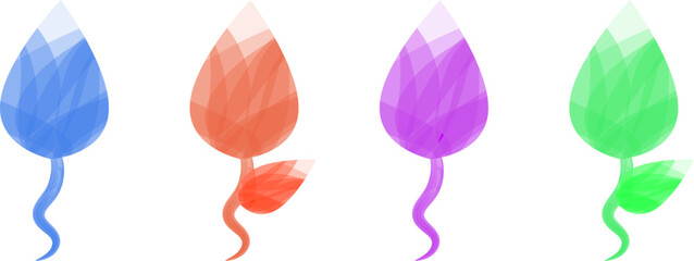 A vibrant collection of four uniquely colored stylized floral designs each possessing a flowing curved stem and a distinct petal shape high quality