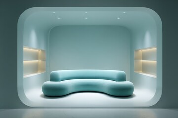 Minimalistic futuristic living space with curved sofa, illuminated shelving, and smooth architecture for modern interior inspiration