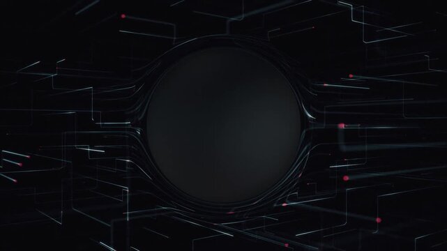 Futuristic 3D circuit board styled background with fast moving nodes streaming digital data. This dark stylish technology motion background is a seamless loop with copy space for text or logo.