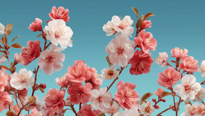 Beautiful pink and white flowers in the spring against a blue sky background