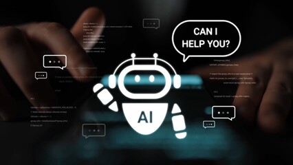 Friendly AI Robot Offering Assistance with Speech Bubbles and Data in the Background for Technology, Innovation, and Future Concepts Gluon.