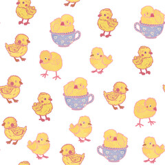 Cute little yellow chicks in vintage blue cups. Easter farm birds. Isolated pattern on a transparent white background.