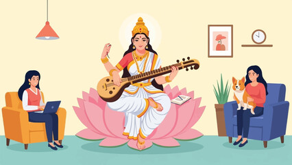 A divine being plays music while people relax with laptops and pets