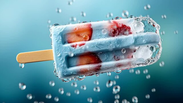 Colorful popsicle with blue and red layers, surrounded by droplets of water, floating against a soft blue background, showcasing refreshing summer treat in a visually appealing manner