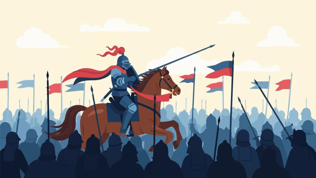 A knight on horseback charges through a crowd with flags