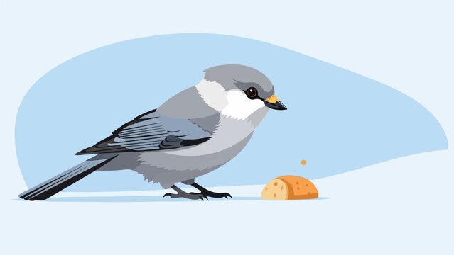 A gray bird with a yellow beak pecks at a piece of bread