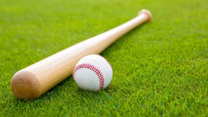 Baseball bat and ball on green grass, space for text.