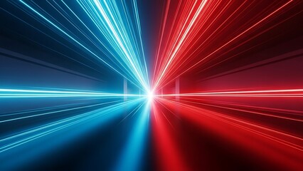 Abstract perspective of blue and red light streaks converging at a bright central point