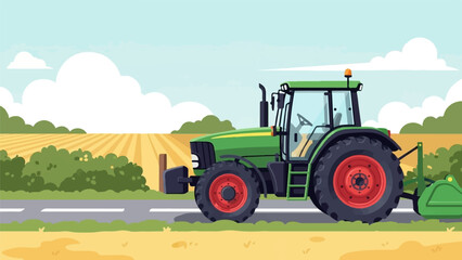 Fototapeta premium A green tractor in a cultivated field under a cloudy sky