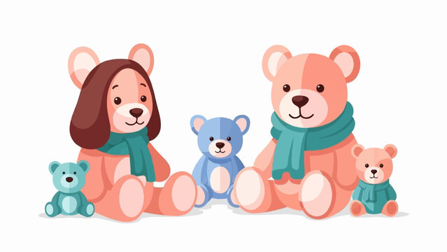 A family of teddy bears in various sizes and colors