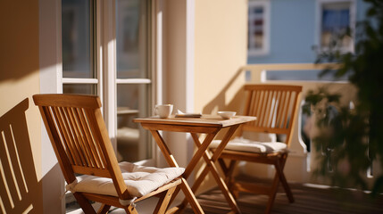 A minimalist balcony adorned with wooden chairs and small side tables, creating a perfect getaway for morning coffee or evening relaxation, emphasizing simplicity and elegance in outdoor living