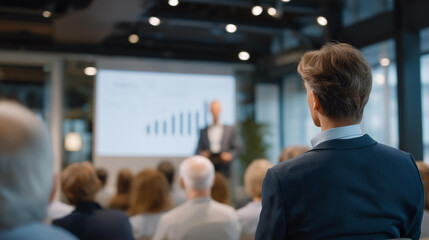 Fototapeta premium A well-organized seminar room filled with eager participants gaining financial knowledge from an expert speaker, with charts and infographics displayed on screens to illustrate key concepts