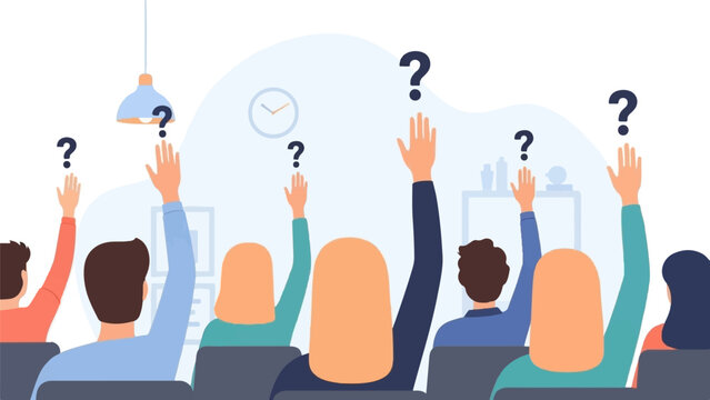 A group of people raising hands with question marks in a classroom setting