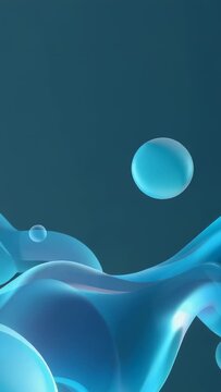 Vertical video: Animating large blue sphere floating on ribbon in teal gradient, orb settling